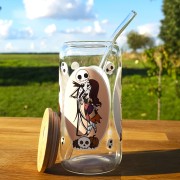 Szklany kubek 550  ml z pokrywką i słomką - inspirowany filmami Tima Burtona - pocichutku.pl