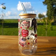 Szklany kubek 550  ml z pokrywką i słomką - fanka horrorów - pocichutku.pl