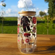 Szklany kubek 550  ml z pokrywką i słomką - fanka horrorów - pocichutku.pl