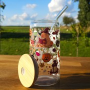 Szklany kubek 550  ml z pokrywką i słomką - magiczne kapibary z książką - pocichutku.pl